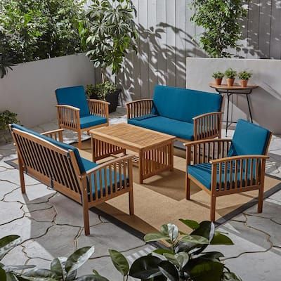 Noble-House-Carolina-Brown-Patina-5-pc-Wood-Conversation-Seating-Set-with-Dark-Teal-Cushions