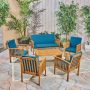 Noble House Carolina Brown Patina 6-Piece Wood Patio Conversation Set with Dark Teal Cushions - Image 1