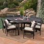 Noble House Chadney 30 in. Multi-Brown 9-pc Metal Square Outdoor Dining Set with Cream Cushions - Image 1
