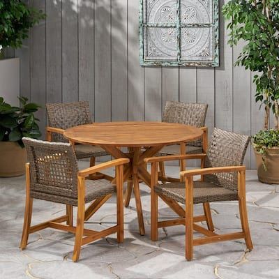 Noble-House-Crestview-Teak-Brown-5-pc-Wood-Round-Outdoor-Dining-Set