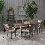 Noble House Fowler 30 in. Dark Brown 9-pc Metal Rectangular Outdoor Dining Set with Beige Cushions - Image 1