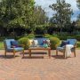 Noble House Galilea Teak Finish 4-pc Wood Patio Conversation Set with Blue Cushions - Image 1