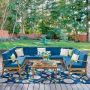 Noble House Giancarlo Teak 10-Piece Wood Outdoor Sectional Set with Blue Cushions - Image 1