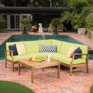 Noble-House-Giancarlo-Teak-Finish-6-pc-Wood-Outdoor-Sectional-Set-with-Green-Cushions
