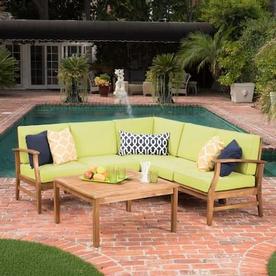 Noble-House-Giancarlo-Teak-Finish-6-pc-Wood-Outdoor-Sectional-Set-with-Green-Cushions