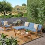 Noble House Grenada Teak Brown 6-Piece Wood Patio Conversation Sectional Seating Set w/ Blue Cushions - Image 1