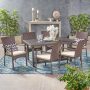 Noble House Knox Multi-Brown 7 pc Wicker Outdoor Dining Set w/ Crme Cushion - Image 1