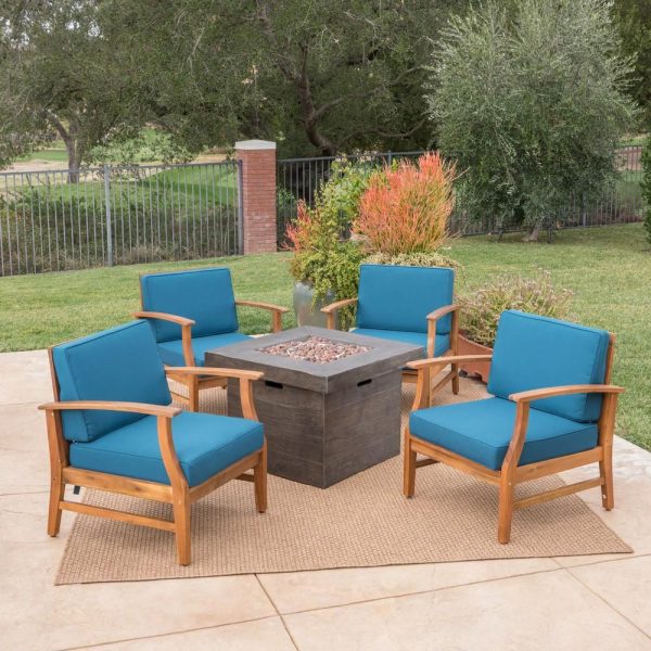 Noble-House-Kourtney-Teak-Brown-5-pc-Wood-Patio-Fire-Pit-Seating-Set-w-Blue-Cushions