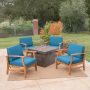 Noble House Kourtney Teak Brown 5 pc Wood Patio Fire Pit Seating Set w/ Blue Cushions - Image 1