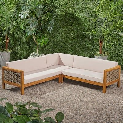 Noble-House-Linwood-Teak-Brown-3-pc-Wood-and-Wicker-Outdoor-Sectional-Set-with-Beige-Cushions