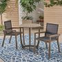 Noble House Marcello Grey 3-pc Wood Round Outdoor Dining Set with Black Mesh Seats - Image 1