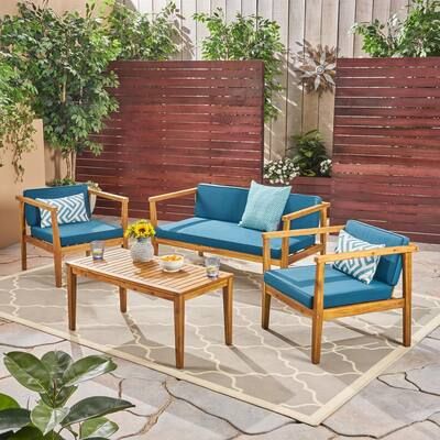 Noble-House-Newbury-Teak-Brown-4-Piece-Wood-Patio-Conversation-Set-w-Dark-Teal-Cushions
