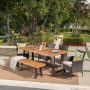 Noble House Nikolai 6-pc Acacia Wood Rectangular Outdoor Dining Set with Bench and Beige Cushions - Image 1