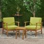 Noble House Perla Teak Brown 3-Piece Wood Patio Conversation Seating Set with Green Cushions - Image 1