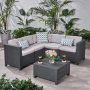 Noble House Primrose Dark Gray 6 pc Wicker Patio Sectional Seating Set w/ Gray Cushions - Image 1