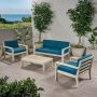 Noble House Santa Ana Brushed Light Grey Washed 4-pc Wood Patio Conversation Seating Set with Dark Teal Cushions - Image 1