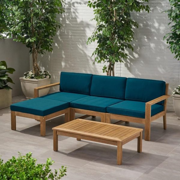 Noble-House-Santa-Ana-Light-Brown-5-Piece-Acacia-Wood-Patio-Conversation-Sectional-Seating-Set-with-Dark-Teal-Cushions