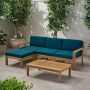 Noble House Santa Ana Light Brown 5-Piece Acacia Wood Patio Conversation Sectional Seating Set with Dark Teal Cushions - Image 1