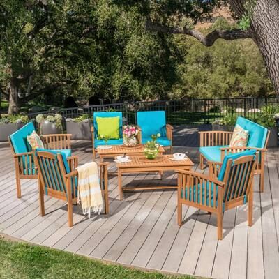 Noble-House-Thalia-Brown-8-pc-Wood-Patio-Conversation-Set-with-Teal-Cushions