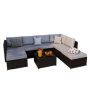 Uixe Black 7-Seater Wicker Outdoor Rattan Sectional Sofa Set with Gray Cushions - Image 1