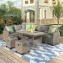 Brown 5-Piece Wicker Patio Conversation Set Dining Table Chair w/ Ottoman and Brown Cushions - Image 1