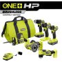 RYOBI ONE+ HP 18V Brushless Cordless Combo Kit (6-Tool) w/ (2) 1.5 Ah Batteries, Charger, and Bag - Image 1