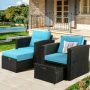 2 Piece Wicker Outdoor Patio Sectional Conversation Seating Set with Blue Cushions and Ottoman - Image 1