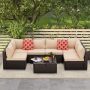 7-Piece Wicker Outdoor Sectional Set with Glass Table Beige Cushions and Pillows - Image 1