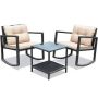 Black Wicker Outdoor Rocking Chairs Set with Beige Cushions - Image 1