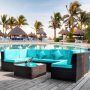 Brown 7-Piece Wicker Patio Conversation Sectional Seating Set with Blue Cushions Garden Furniture Sofa Set - Image 1