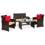 Brown 4-Piece Wicker Patio Conversation Set with Beige Cushions, 4 Seats, Tempered Glass Table Top - Image 1