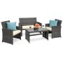 Gray 4-Piece Wicker Patio Conversation Set with Cream Cushions, 4 Seats, Tempered Glass Table Top - Image 1