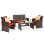 Brown 4-Piece Wicker Patio Conversation Set with Red Cushions, 4 Seats, Tempered Glass Table Top - Image 1