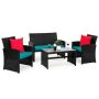 Black 4-Piece Wicker Patio Conversation Set with Teal Cushions, 4 Seats, Tempered Glass Table Top - Image 1