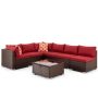 7-Piece PE Rattan Wicker Outdoor Patio Conversation Sectional Seating Set with Red Cushions and Glass Table - Image 1