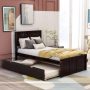 42 in. W Espresso Twin Platform Bed with Trundle, Twin Trundle Bed Wood Bed Frame with Headboard, No Box Spring Needed - Image 1