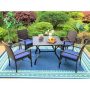 5-Piece Metal Patio Outdoor Dining Set with Square Table and Rattan Chair with Blue Cushion - Image 1