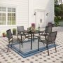 5-Piece Metal Patio Outdoor Dining Set with Square Table and Bull's Eye Pattern Dining Chairs - Image 1