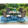 Black 5-Piece Metal Patio Outdoor Dining Set with Wood-Look Square Table and Rattan Chairs with Beige Cushion - Image 1