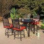 5-Piece Metal Outdoor Bar Height Dining Set w/ Red Cushions - Image 1