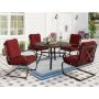 5-Piece Metal Patio Outdoor Dining Set with Wood-look Pattern Round Table and C-Spring Chair with Red Cushions - Image 1