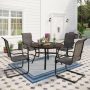 PHI VILLA Black 5-Piece Metal Outdoor Patio Dining Set with Wood-Look Round Table and C-Spring Textilene Chairs - Image 1