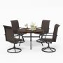 5-Piece Patio Outdoor Dining Set with Wood-look Pattern Metal Round Table and Rattan Swivel Chair - Image 1