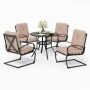 5-Piece Metal Patio Outdoor Dining Set with Round Slat Table and C-Spring Chair with Beige Cushions - Image 1