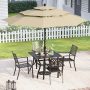 Black 6-Piece Metal Outdoor Patio Dining Set with Umbrella and Slat Square Table and Elegant Stackable Chairs - Image 1