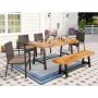 Black 6-Piece Metal Patio Acacia Wood Outdoor Dining Set with Rectangular Table, 4 Rattan Chairs and Long Bench THD6-201-202-99 - Image 1