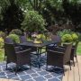 PHI VILLA Black 7-pc Metal Patio Outdoor Dining Set with Slat Table and Rattan Chairs with Blue Cushion - Image 1