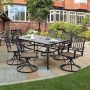 7-Piece Black Metal Outdoor Patio Dining Set with Slat Table and Fashion Swivel Chairs - Image 1