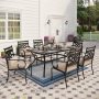 Black 7-Piece Metal Outdoor Dining Set w/ Beige Cushions, Rectangle Dining Slat Table - Image 1