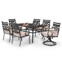 7-Piece Black Metal Outdoor Dining Set w/ Rectangle Dining Slat Table and Swivel Chairs w/ Beige Cushions - Image 1